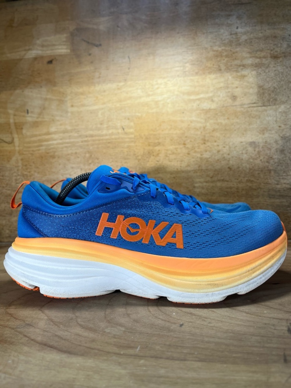 Hoka One One Bondi 8 Mens Size 11.5 Running Shoes Sneakers Blue Orange